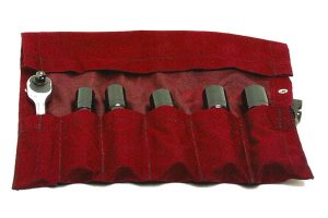 Deep well socket set shown in maroon roll-up canvas storage bag