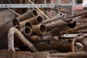 Old, corroded pipes stacked in a pile