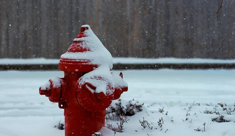 Fire hydrant covered in snow on the side of the road